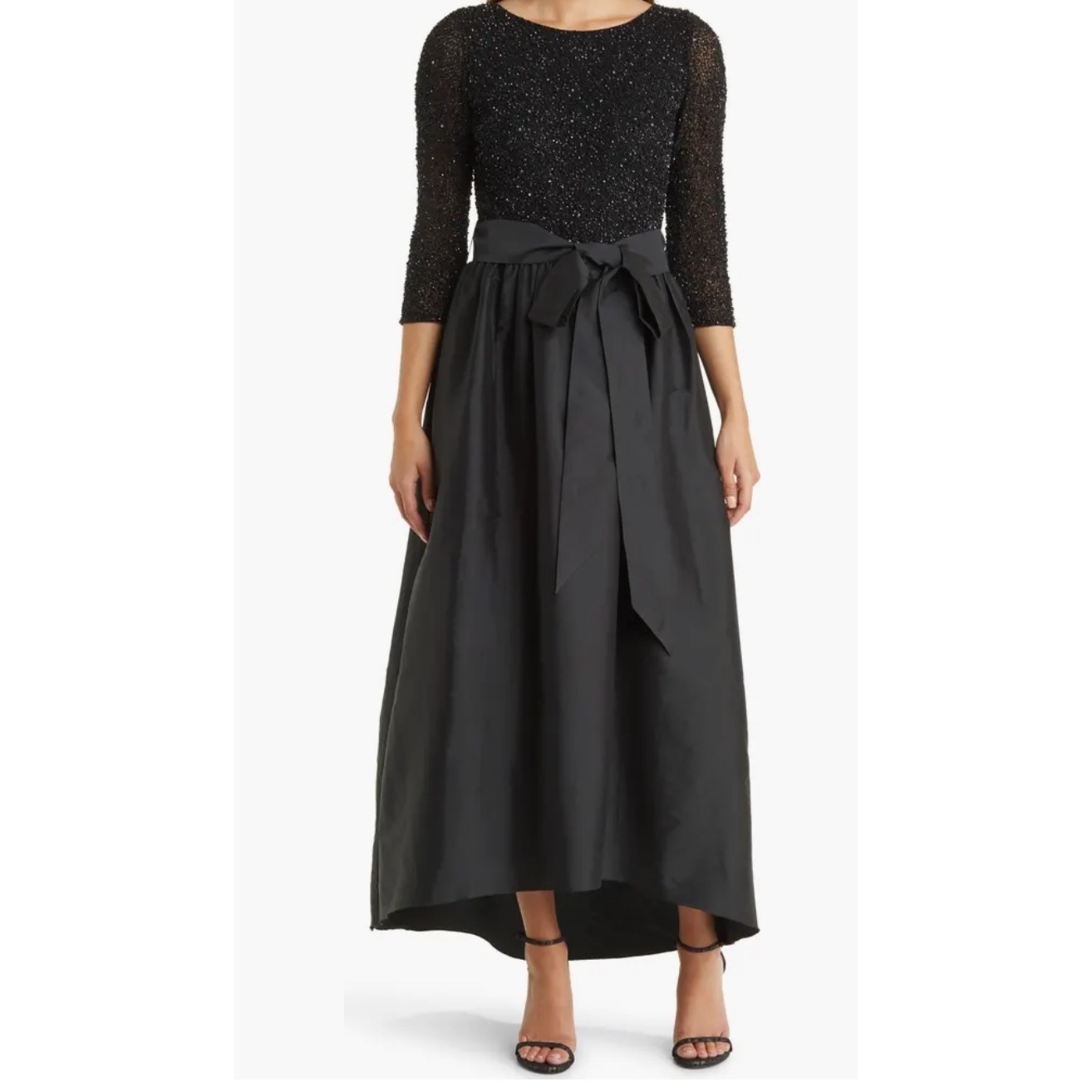 Pisano Nights Beaded Bodice Taffeta A-Line Gown Black Gunmetal Bow Hi-Low 4 Nwt